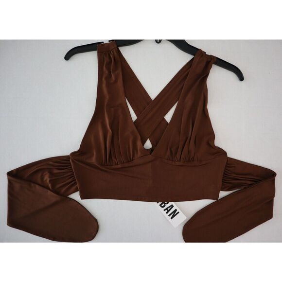 Urban Outfitters OB1280565 Women's Sz M Brown Satin Plunging Tie Back Crop Top - Picture 1 of 6